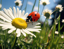 Ladybug Crawling On The Yellow Center Of A White Daisy, With A Sunny Meadow Background.