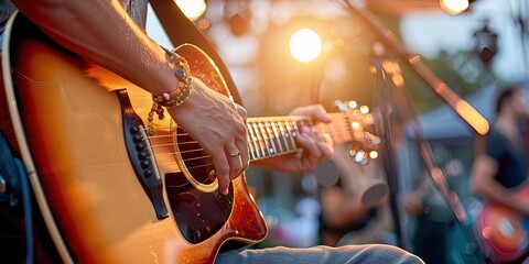 Country music festival with guitarist on stage wearing cowboy hat playing country western music