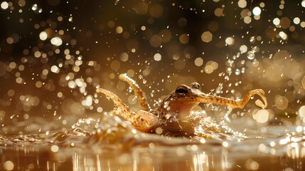 Wall Mural - With a playful leap, the small creature, reminiscent of a baby kraken, splashes in a puddle, sending sparkling water droplets flying through the air.