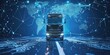 Semi-truck with cargo driving to transport delivery with digital data, mapping, and navigation concept background for supply chain and shipping industry