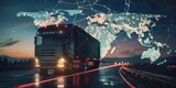 Fototapeta  - Semi-truck with cargo driving to transport delivery with digital data, mapping, and navigation concept background for supply chain and shipping industry