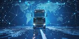 Fototapeta  - Semi-truck with cargo driving to transport delivery with digital data, mapping, and navigation concept background for supply chain and shipping industry