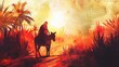 Palm Sunday. Christ'S Triumphal Entry Into Jerusalem. Silhouette Of A Man Riding A Donkey On A Background Of Palm Trees. Watercolor Illustration