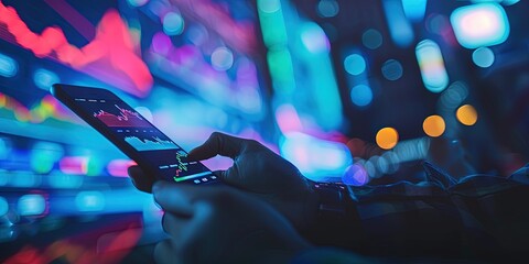 Hand holding smartphone with data and statistics - computer monitor in background with more market numbers. Investing and money concept