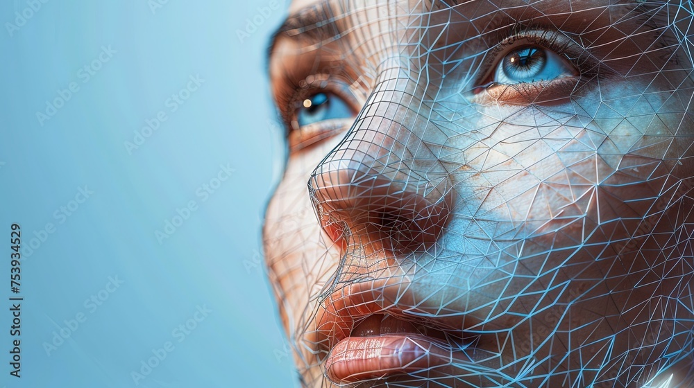 Woman's face with AI wireframe for artificial intelligence deepfakes ...