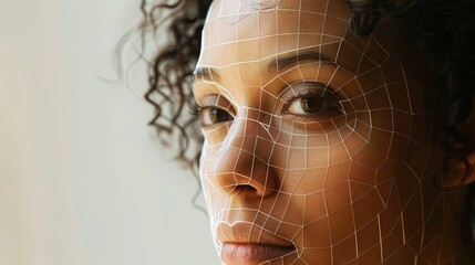 Wall Mural - Woman's face with AI wireframe for artificial intelligence deepfakes and facial scanning concepts