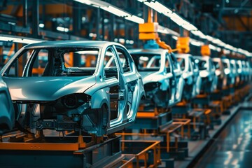 Poster - A car is being built in a factory