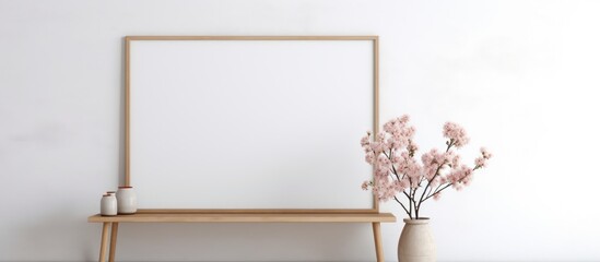 Wall Mural - A poster frame is placed on a wooden shelf, alongside a glass vase filled with colorful flowers. The scene is set in a Scandinavian home interior, emphasizing simplicity and elegance.