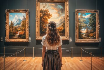 A woman in an art gallery looks at paintings. Background with selective focus and copy space