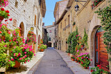 Fototapeta  - Beautiful flower filled street in the medieval old town of Assisi, Umbria, Italy