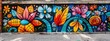 Enchanting street mural of blooming flowers in vivid colors on a dark blue urban wall, symbolizing growth and vibrancy in the city.
