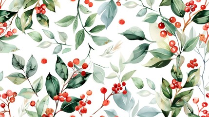 Watercolor Floral Seamless Pattern with Delicate Leaves and Berries. Spring Blossom Design for Greeting Cards, Advertising, Banners, Leaflets and Flyers. Botanical Vector Design. Tropical Summer Conce