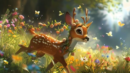 Wall Mural - With a joyful skip, the small deer-like character frolics through a meadow of wildflowers, its antlers adorned with garlands of blossoms.