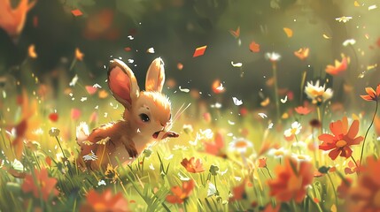 Wall Mural - With a joyful skip, the adorable creature races across a field of blooming wildflowers, their petals fluttering in the breeze like confetti.