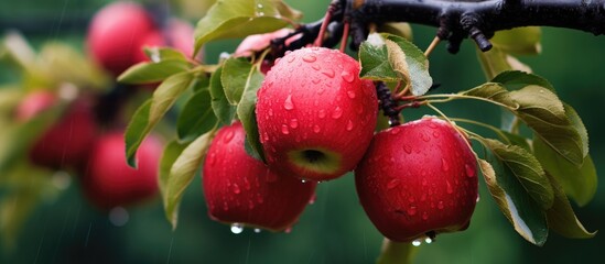 Sticker - A cluster of ripe red apples hangs from the branches of an apple tree in a garden. The apples glisten under the sunlight after a refreshing rain shower.