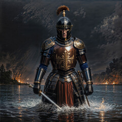  a middle-aged man, a Roman legionnaire, dressed in an ornate lorica musculata and an imperial helmet, walks on the water