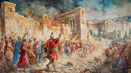 The King David Defeats The Jebusites To Win Jerusalem. Old Testament. Watercolor Biblical Illustration