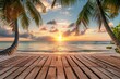 Wooden floor with beautiful tropical beach sunset background for product display backdrop Generative AI