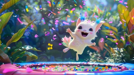 Wall Mural - With a delighted squeak, the adorable creature bounces on a trampoline, sending colorful confetti raining down around them.