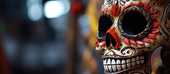 Canvas Print - A close-up view of a skull statue placed on a wooden table. The skull is intricately designed and adds a spooky vibe, perfect for Halloween decorations.