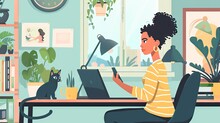 Woman Freelance Or Procrastinate At Workplace At Home Office. Self-Employed Businesswoman With Cat Distracted From Work On Laptop Scrolling Social Media On Smartphone