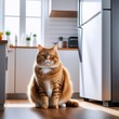 fat chubby tabby red cat in kitchen, near refrigerator looking at camera. concepts: pet in kitchen, chubby pets, kitchen inspection, diet, unhealthy eating, pet health, after holidays, detox