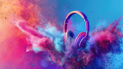 Wall Mural - World Music Day Banner With Headset Headphones On Abstract Colorful Dust Background. Music Day Event And Musical Instruments Colorful Design