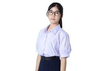 Wall Mural - Portrait of Happy young Asian student girl in school uniform isolated on transparent background. PNG file format.