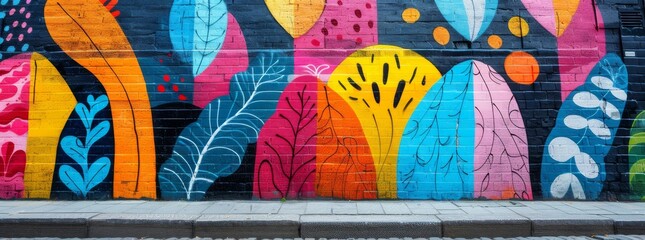  Whimsical street mural with vibrant, stylized floral patterns on a colorful urban wall, showcasing nature-inspired art in an urban setting.