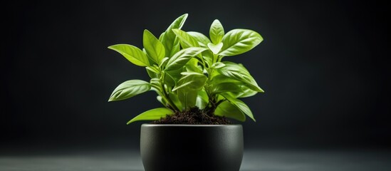 Wall Mural - A green plant is placed in a black pot on a table. The plant leaves are lush and vibrant, contrasting beautifully with the dark pot and table surface.