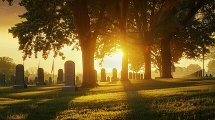 Golden sunrise behind peaceful cemetery trees