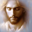 Portrait of Jesus Christ with a golden background. Christian poster.