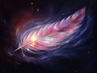 An ethereal feather drifting gracefully among the stars