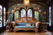 Bold Art Nouveau Living Room: Intricate Patterns, Unique Furniture, Vibrant Hues