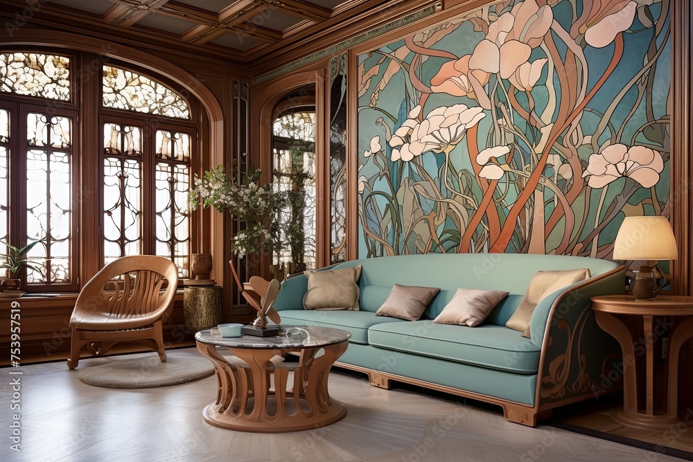 Ilustración de Stock Harmonious Art Nouveau Living Room: Flowing Lines ...