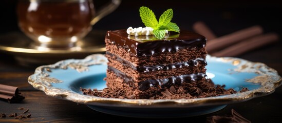 Canvas Print - A piece of chocolate cake sits on a rustic plate, ready to be enjoyed as a delightful dessert. The rich, moist cake is layered with decadent chocolate frosting, creating a tempting treat for any