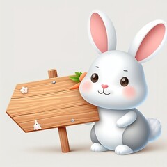 Wall Mural - easter bunny holding a wooden sign, Funny rabbit with wooden sign board for easter celebration created with generative ai	