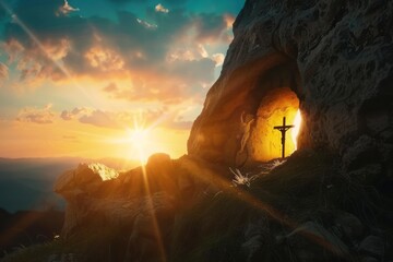 Wall Mural - Empty tomb with crucifixion at sunrise - resurrection concept. Generative AI