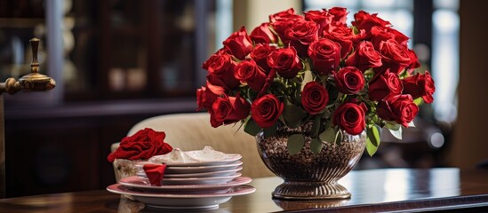 Wall Mural - A vase brimming with vibrant red roses sits on top of a table, adding charm to the indoor setting.