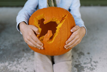 little boy holding carved pumpkin with cat motive
