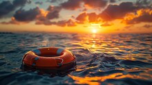 Orange Lifebuoy Floating At Sea Sunset Sunrise Wide Horizontal Banner 
