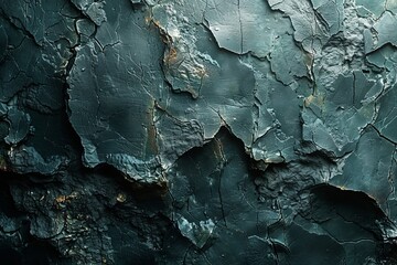 Wall Mural - Close-up shot of a textured surface that resembles dark blue flaking paint, creating a sense of decay and time