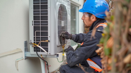 Engineer worker installing an air source heat pump unit outdoors at home in the Netherlands, warmte pomp, translation air source heat pump, airco for warming and cooling, energy transition