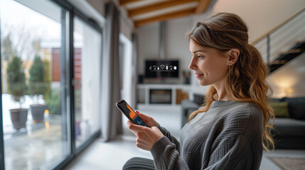 Women with a mobile phone monitor home electricity usage with mobile apps, woman in the kitchen check energy usage to save electricity bills, and energy transition