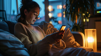 Women with a mobile phone monitor home electricity usage with mobile apps, woman at a sofa in the livingroom check energy usage to save electricity bills, and energy transition