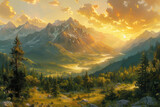 Fototapeta Fototapety z naturą - Mountains Scenery Landscape Oil Painting, Artwork, Generative AI