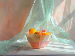 Poster - Still life with origami fruit bowl, pastel backdrop, delicate shadows, serene mood - high detail
