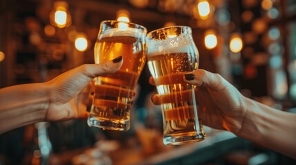 Two friends toasting with glasses of light beer at the pub. Beautiful background of the Oktoberfest. fine grain. Soft focus.