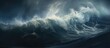 The painting showcases a powerful and turbulent large wave in the ocean, captured from a close and low perspective. The wave is depicted with intense energy and motion, crashing and churning amidst