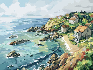 Wall Mural - Coastal town painting with houses on cliff, ocean view